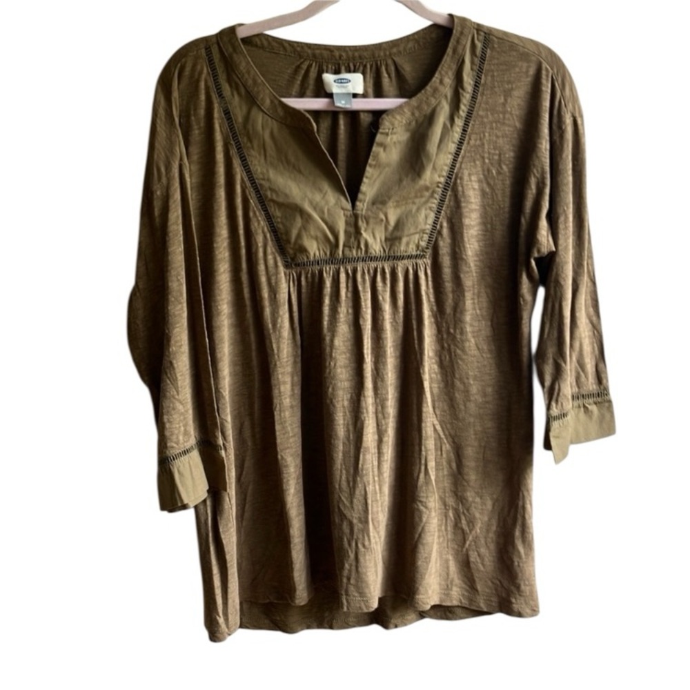 Old Navy Tunic Top Size M Green Cuffed Sleeves Embroidered Bib Collar Modal Boho - Picture 9 of 9